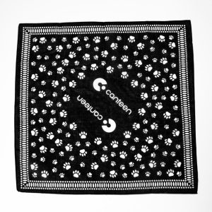 A wide shot photo of the paw print pet bandana laid out flat